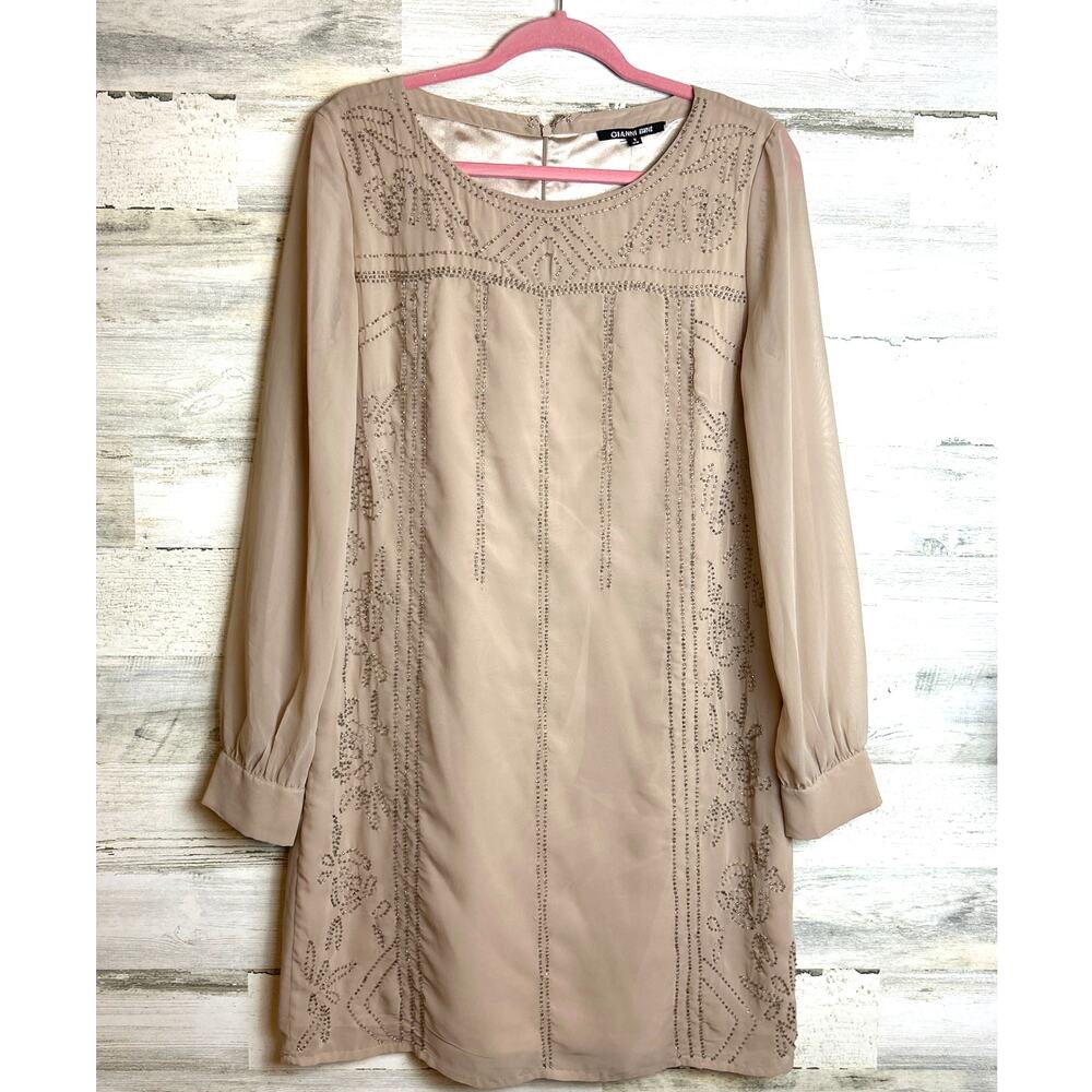 Gianni Bini Womens 8 Nude Beaded Sheer Long Sleeve Cocktail Formal Midi Dress